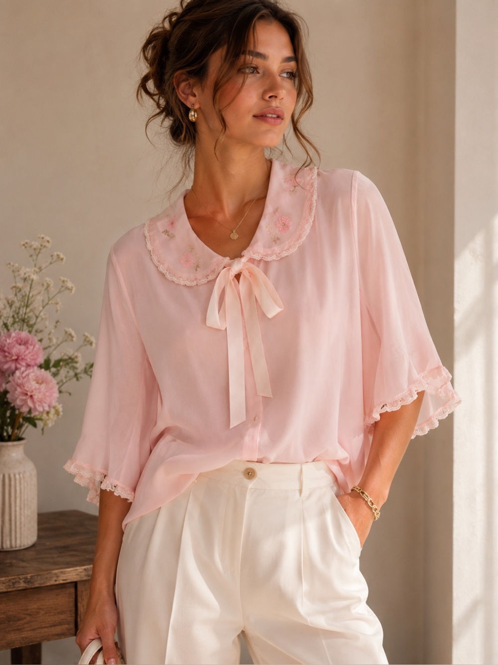 seamprufe Vtg Pink Women  Nylon Blend Top Size M embroidery lace coquette